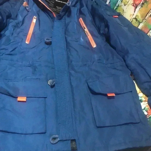 Manvelous size large coat blue with faux fur and orange accents - Picture 2 of 13